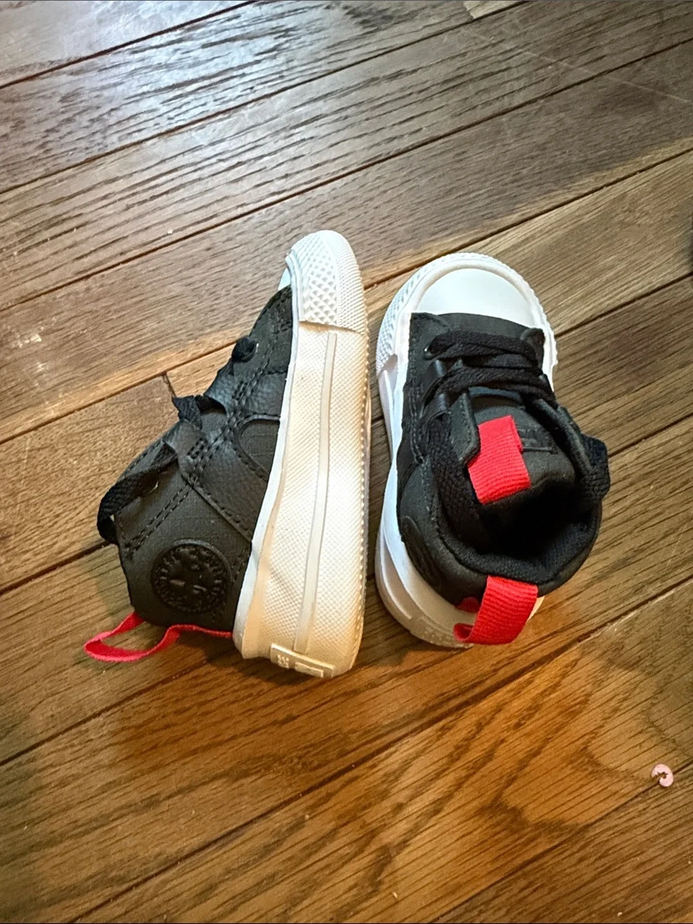 Converse Kids Black High-Top Sneakers with Red Heel Pull